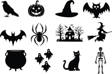 set of halloween element silhouette collection. Black and white vector editable file. pumpkin, ghost, cat, cauldron, horror house, female witch ride, owl, raven bird, skeleton, spider, witch hat