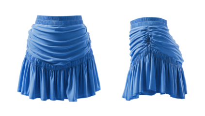 A vibrant, royal blue, pleated mini skirt, front and back views.  Features gathered waist and tiered ruffle detailing