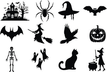 set of halloween element silhouette collection. Black and white vector editable file. pumpkin, ghost, cat, cauldron, horror house, female witch ride, owl, raven bird, skeleton, spider, witch hat