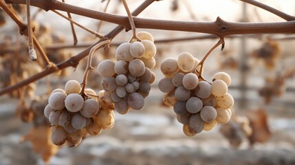 Frost-covered grapes hanging from a vine, showcasing delicate textures and muted colors, with a blurred vineyard background, representing the beauty of winter harvest