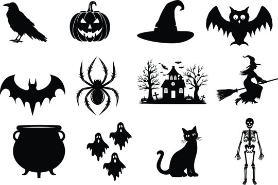 set of halloween element silhouette collection. Black and white vector editable file. pumpkin, ghost, cat, cauldron, horror house, female witch ride, owl, raven bird, skeleton, spider, witch hat - Powered by Adobe