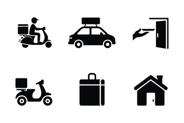 Delivery person on scooter car and house icons door