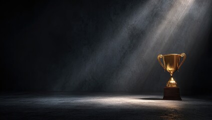 Golden trophy, bathed in spotlight, sits on a dark stage, evoking victory and achievement