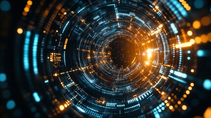 Colorful abstract digital swirl pattern with glowing lights in a dark background creating a futuristic vibe