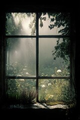 Misty morning garden viewed through old windowpane