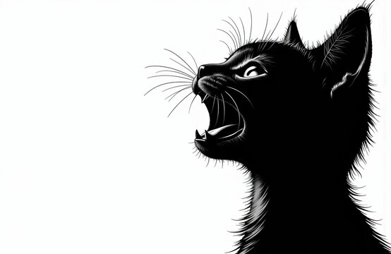 A black cat with sharp teeth and intense eyes showing aggression or alertness