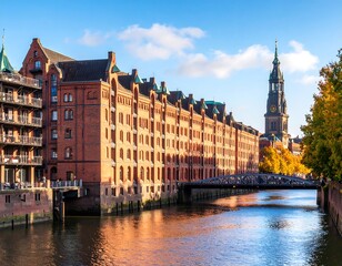 Fototapeta premium Canalside buildings, autumnal hues, historic European city