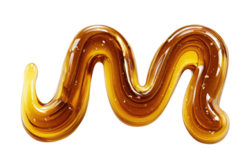 A glossy, amber-hued, viscous liquid, shaped like a flowing, wavy letter "M".  It appears to be honey or a similar sweet substance