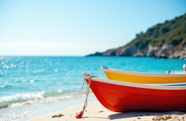 Naklejka premium Colorful boats resting on sandy beach with calm ocean and green hillside in background
