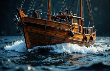 Obraz premium A wooden sailing boat speeds through the water with waves splashing around it