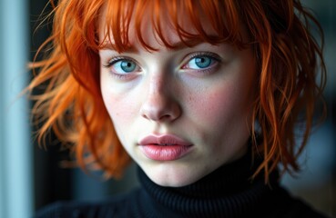 Obraz premium Woman with red hair and blue eyes looking directly at camera