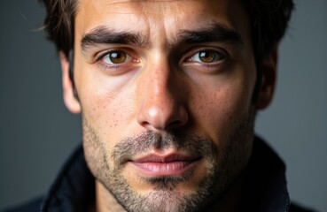 Obraz premium Close-up of a young man with brown eyes and dark hair looking directly at the camera