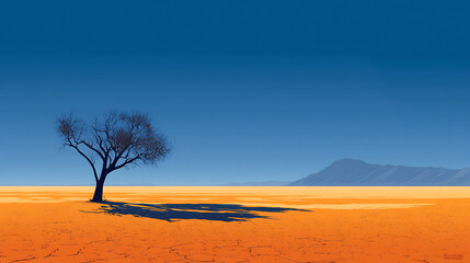 Stark desert landscape with lone tree under vast blue sky arid
