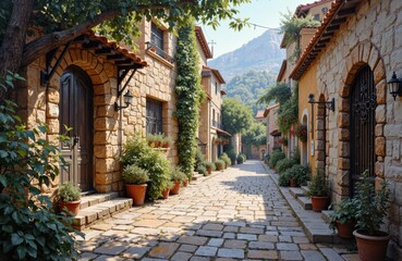 Fototapeta premium Colorful cobblestone street lined with charming stone houses and lush greenery in a scenic village setting