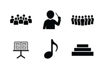 Silhouette figures conductor orchestra music note stand and tiered risers vector