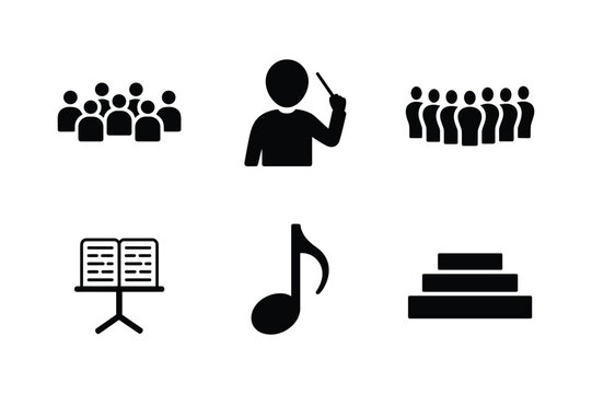 Silhouette figures conductor orchestra music note stand and tiered risers vector