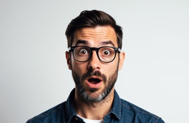Obraz premium Surprised man with glasses looking directly at camera on plain background