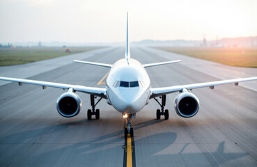 Naklejka premium Commercial jet airplane positioned on runway ready for takeoff or landing
