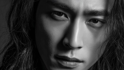 Fototapeta premium Moody Black and White Portrait of a Young Man – Dramatic Shadow Photography
