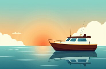 Naklejka premium A boat floats on calm water during a colorful sunset scene