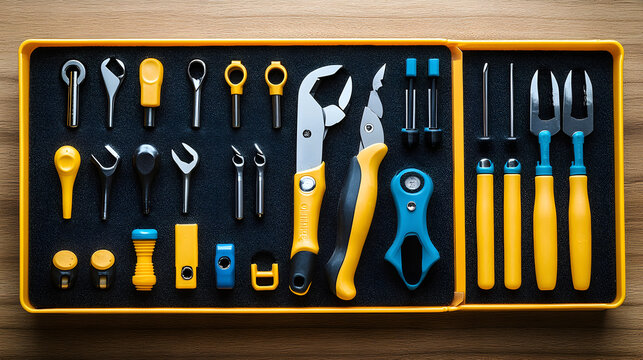 Assortment of hand tools in a yellow plastic organizer tray on a wooden surface.