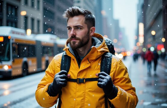 Man walking in city street during winter with yellow jacket and backpack
