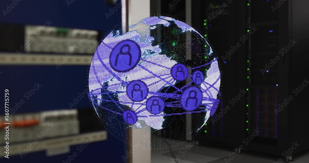 Poster net signal activating globe appearing near server racks rotating pulsing icons showing global net