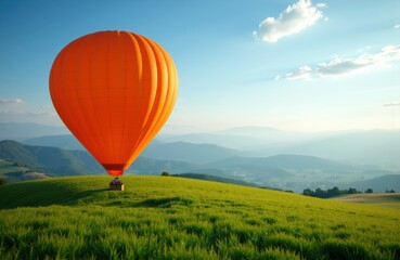 Obraz premium Hot air balloon floating above lush green fields on a clear day with blue sky and distant mountains