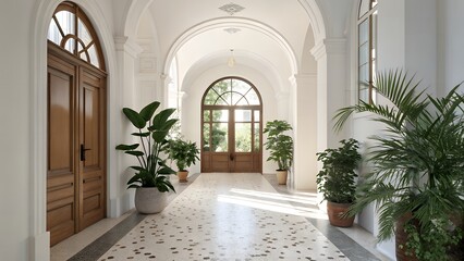 Elegant sunlit hallway with arched doorways and lush potted plants creates a serene, inviting atmosphere