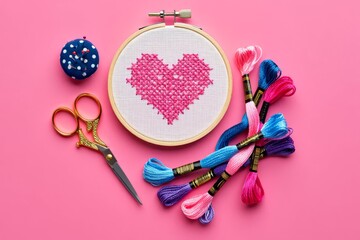Flat lay composition with embroidery and different sewing accessories on pink background. Space for text.