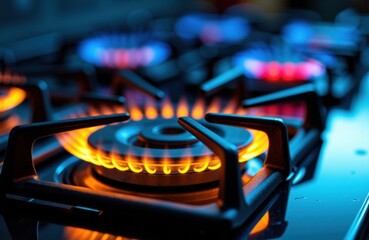 Close-up of a lit gas stove burner with glowing orange flames and blue background
