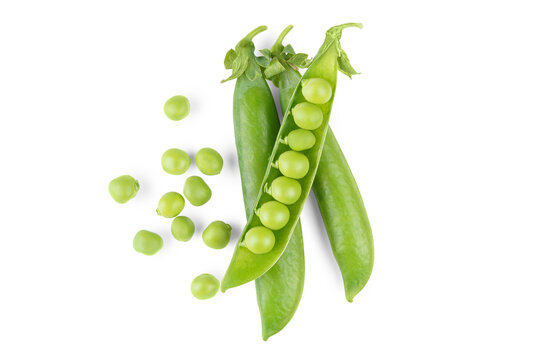 Open green pea pod with individual peas scattered around, isolated on white, transparent background. Image ideal for food designs, healthy lifestyle, and organic products legume, crop, food ingredient