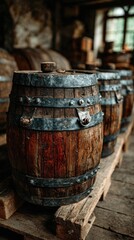 Fototapeta premium Rows of oak barrels with metal hoops sit on a wood pallet inside a cellar