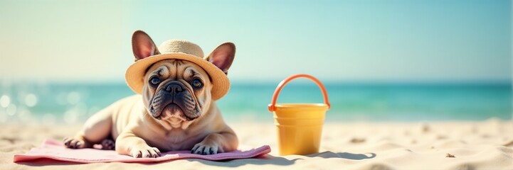 French Bulldog dog wearing straw hat rests on beach towel near yellow pail. Adorable French Bulldog, *Canis familiaris*, enjoys summer vacation at seaside.