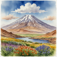 Naklejka premium Watercolor illustration of Mount Damavand from Lar National Park, Iran A symmetrical volcanic peak surrounded by wildflower-dotted plateaus and distant clouds.
