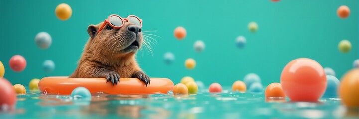 Capybara swimming in a pool, wearing sunglasses and floating in an inflatable ring in summer. The capybara enjoys refreshing pool with colorful floating balls,