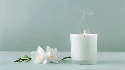 White Aromatherapy Candle with Floral Accent on Soft Green Background