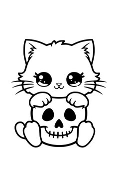 Kawaii Katze mit Sch&auml;del &ndash; Malvorlage f&uuml;r Halloween