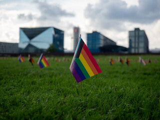 Berlin, Germany - July 25, 2025: Hundreds of rainbow color LGBTQ pride flags in green grass between Bundestag and central station