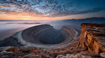 Vast desert canyon with layered rock formations under a colorful sunrise sky landscape