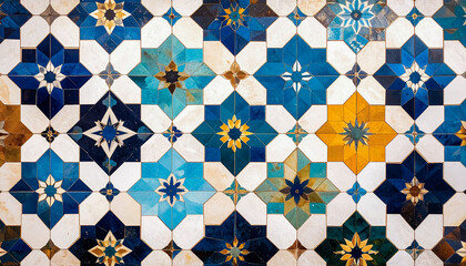Traditional Islamic Mosaic Tiles with Blue and Gold Star Patterns in a Geometric Wall Arrangement