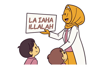 A man wearing a traditional turban and robe stands and reads an open book in a simple illustration