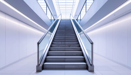 A Symmetrical Modern Staircase Leading to a Glass Ceiling in a Minimal Futuristic Office Space
