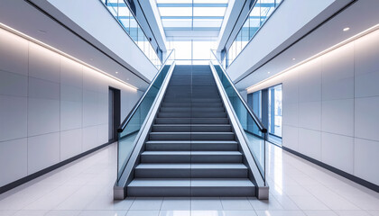 Obraz premium Modern Office Stairway with Clean Lines and Natural Light Leading to a Bright Upper Floor