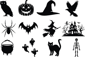 set of halloween element silhouette collection. Black and white vector editable file. pumpkin, ghost, cat, cauldron, horror house, female witch ride, owl, raven bird, skeleton, spider, witch hat