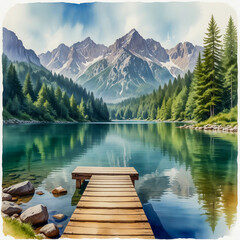 Watercolor illustration of the Julian Alps near Lake Jasna, Slovenia A tranquil alpine lake with a small wooden dock, surrounded by pine forests and Karawanks peaks.