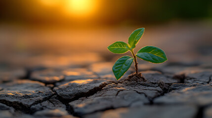 Close-up of a small green plant sprout emerging from cracked, dry soil at sunset.
