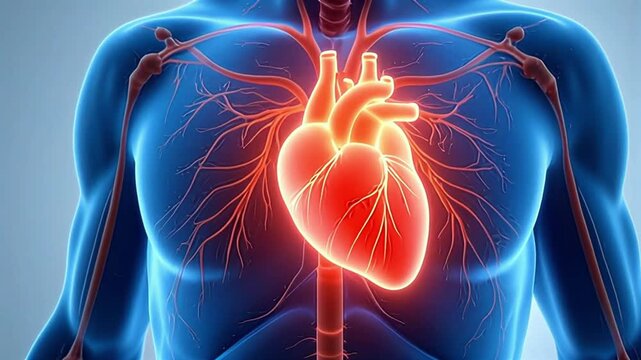 3D Medical Animation of Human Chest Showing Beating Heart and Cardiovascular System. Translucent Body with Arteries and Veins for Blood Pressure and Heart Health Visualization.