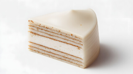 Isolated Slice of Classic Prinsesstrta Cake with Cream Layer and White Chocolate Glaze on White Background