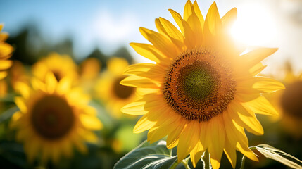 Obraz premium Close-up of a sunflower in a field with bright sunlight.